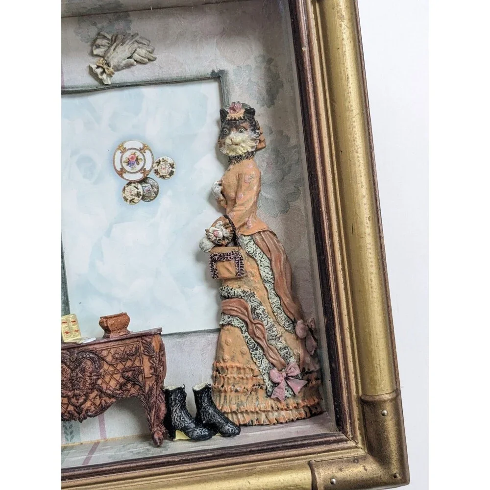 Vintage‎ Seymour Mann Anthropomorphic Cat Victorian Lady Shadow Box Photo Frame